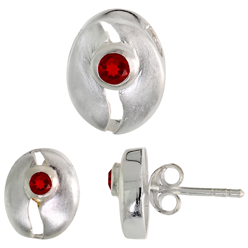 STERLING SILVER BRILLIANT CUT GARNET RED CZ OBLONG WITH CUT OUTS STUD EARRINGS & PENDANT SET BRUSHED