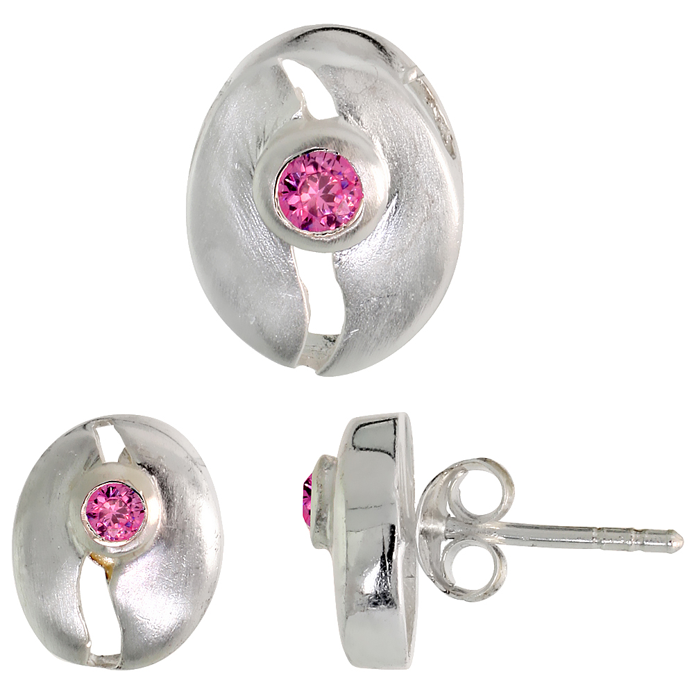 STERLING SILVER BRILLIANT CUT AMETHYST PURPLE CZ OBLONG WITH CUT OUTS STUD EARRINGS & PENDANT SET BRUSHED