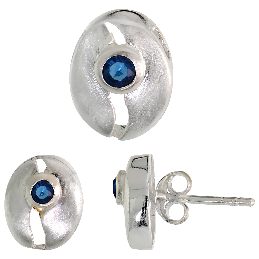 STERLING SILVER BRILLIANT CUT BLUE SAPPHIRE CZ OBLONG WITH CUT OUTS STUD EARRINGS & PENDANT SET BRUSHED