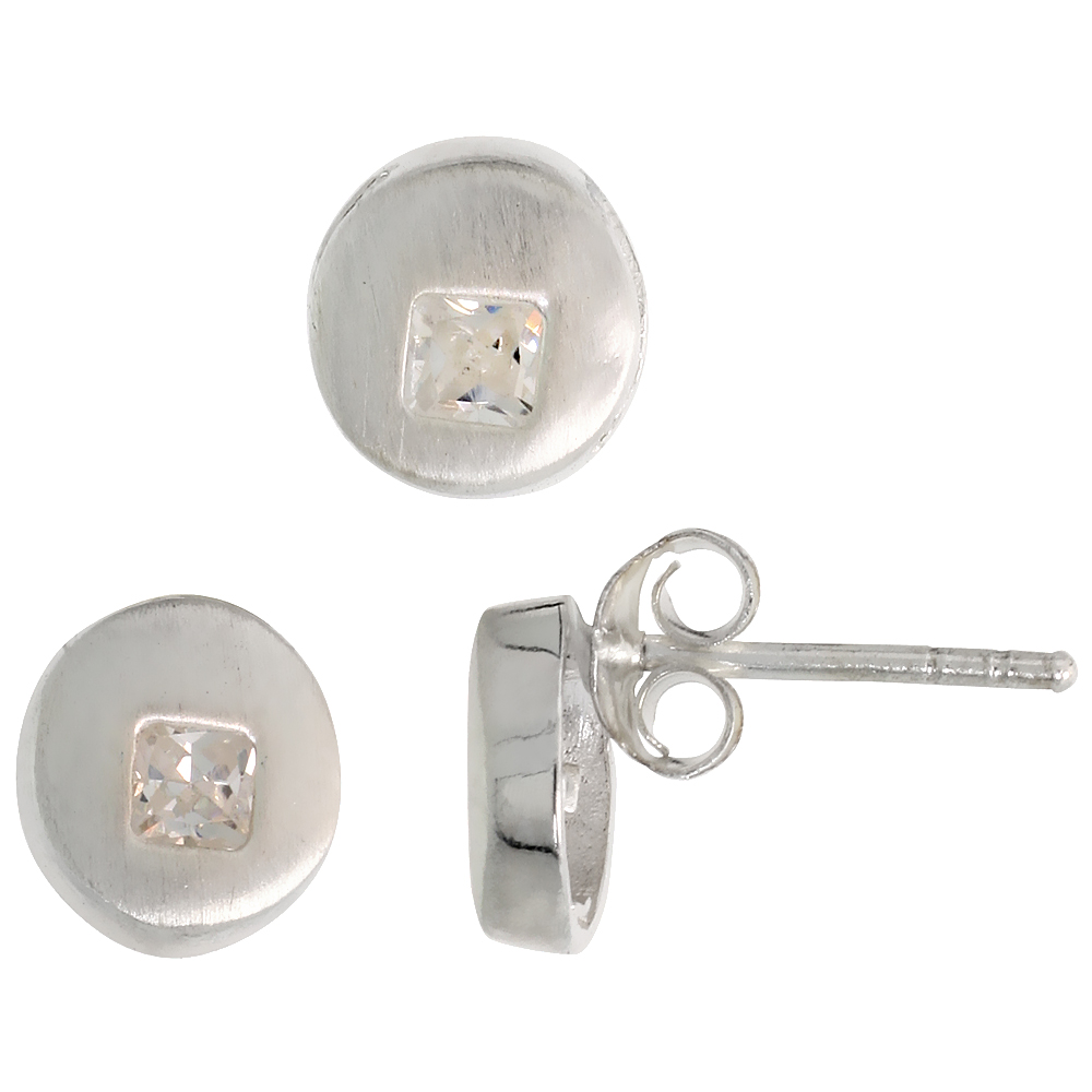 STERLING SILVER PRINCESS CUT WHITE CZ ROUND CIRCLE STUD EARRINGS & PENDANT SET FOR WOMEN BRUSHED FINISH