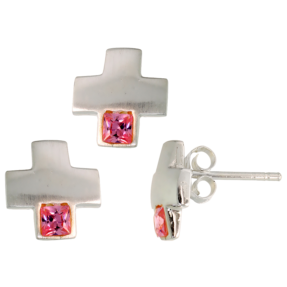 STERLING SILVER PRINCESS CUT PINK CZ GREEK CROSS STUD EARRINGS & PENDANT SET FOR WOMEN BRUSHED FINISH