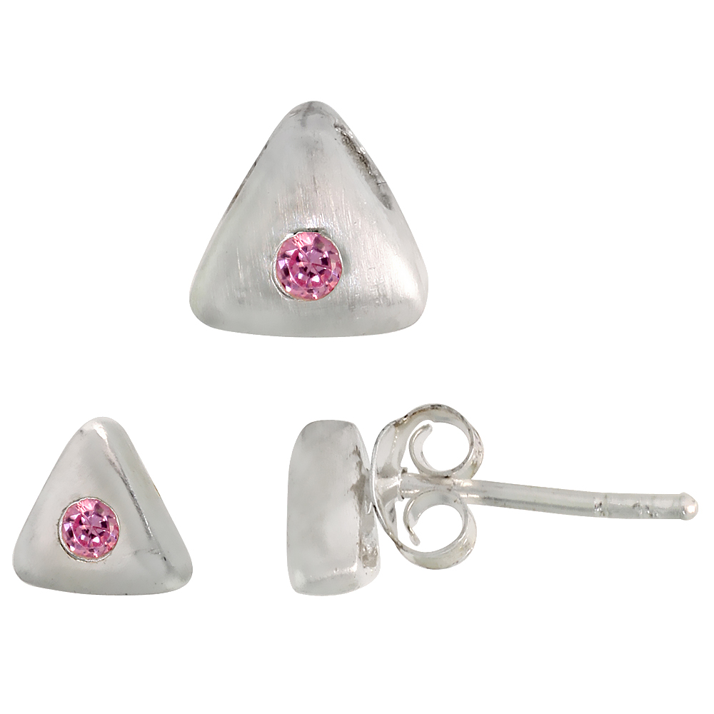 STERLING SILVER BRILLIANT CUT PINK CZ TRIANGLE STUD EARRINGS & PENDANT SET FOR WOMEN BRUSHED FINISH