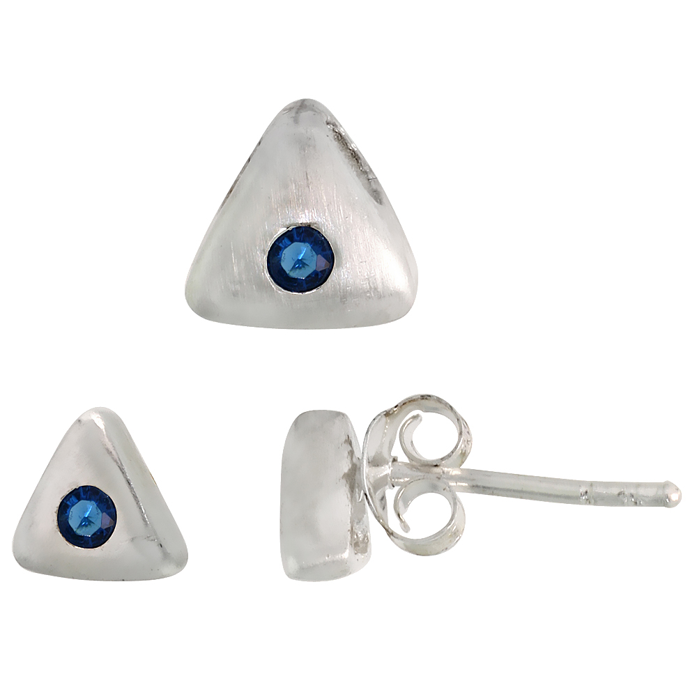 STERLING SILVER BRILLIANT CUT BLUE SAPPHIRE CZ TRIANGLE STUD EARRINGS & PENDANT SET BRUSHED FINISH