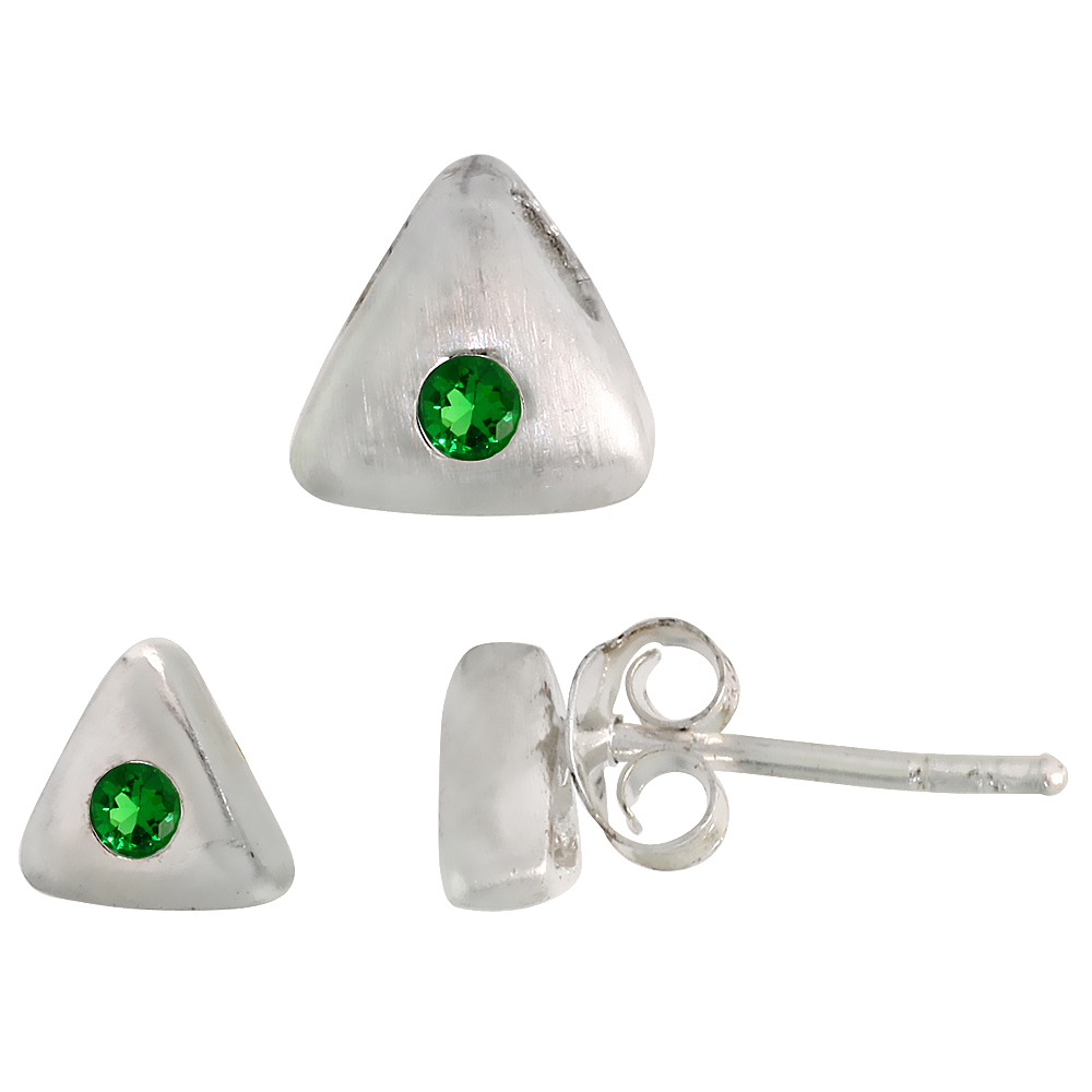 STERLING SILVER BRILLIANT CUT EMERALD GREEN CZ TRIANGLE STUD EARRINGS & PENDANT SET BRUSHED FINISH