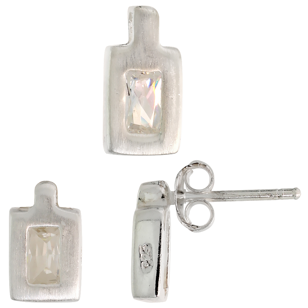 STERLING SILVER RADIANT CUT WHITE CZ RECTANGULAR STUD EARRINGS AND PENDANT SET FOR WOMEN BRUSHED FINISH