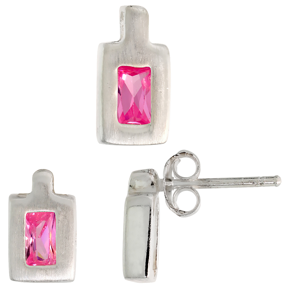 STERLING SILVER RADIANT CUT PINK CZ RECTANGULAR STUD EARRINGS AND PENDANT SET FOR WOMEN BRUSHED FINISH