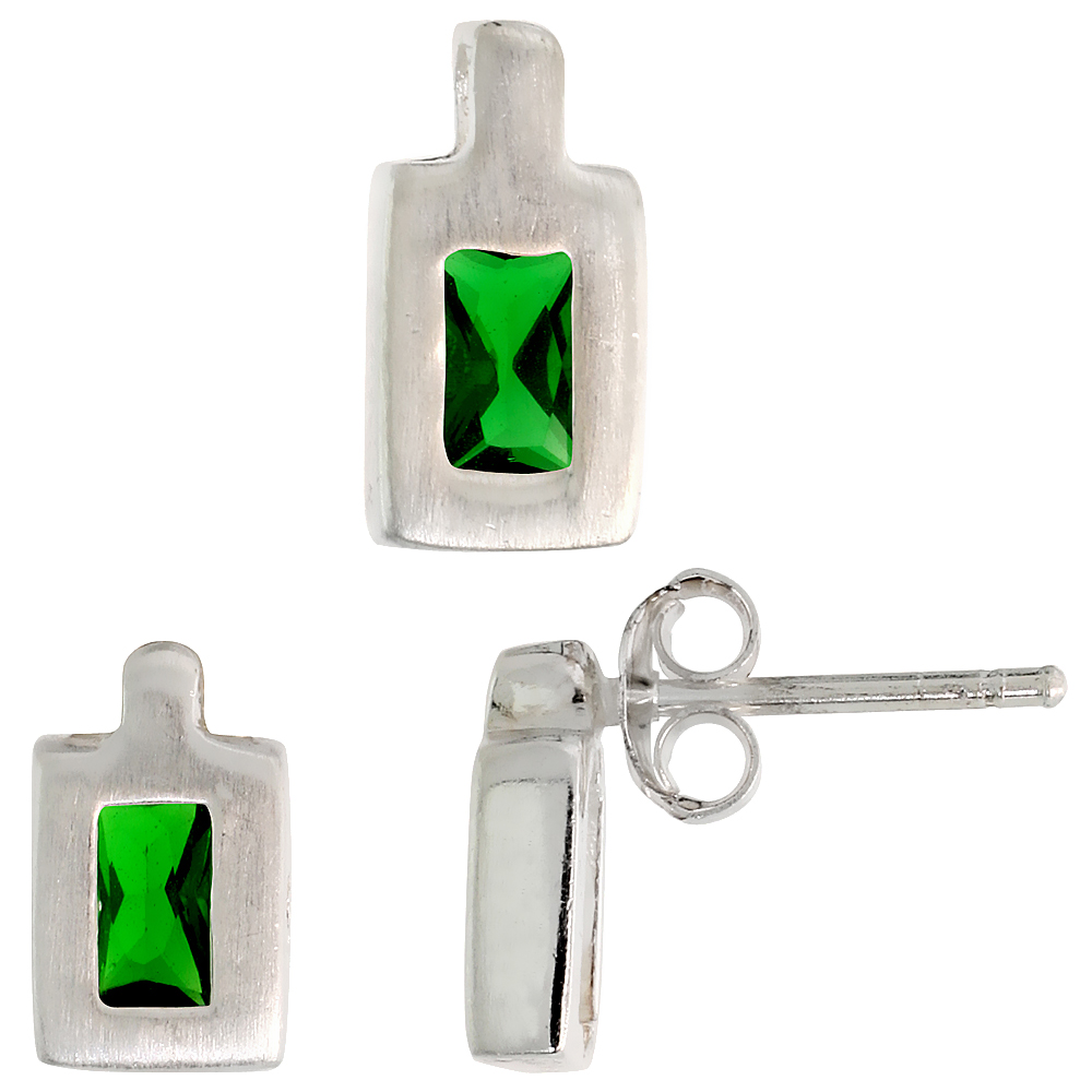 STERLING SILVER RADIANT CUT EMERALD GREEN CZ RECTANGULAR STUD EARRINGS AND PENDANT SET BRUSHED FINISH