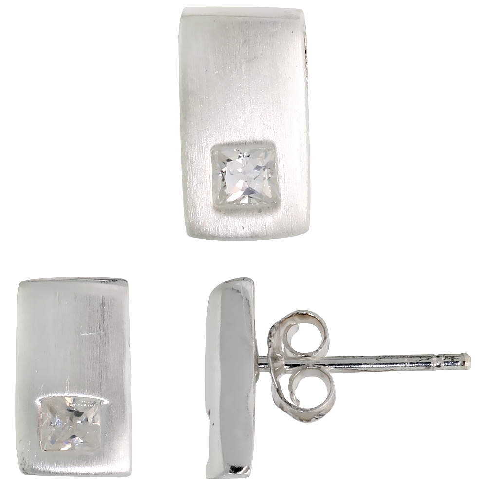 STERLING SILVER PRINCESS CUT WHITE CZ RECTANGULAR STUD EARRINGS & PENDANT SET FOR WOMEN BRUSHED FINISH