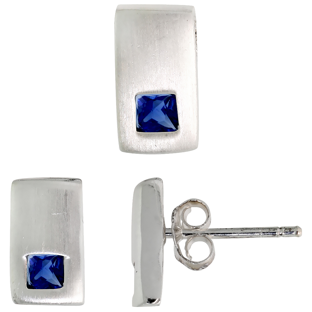 STERLING SILVER PRINCESS CUT BLUE SAPPHIRE CZ RECTANGULAR STUD EARRINGS & PENDANT SET BRUSHED FINISH