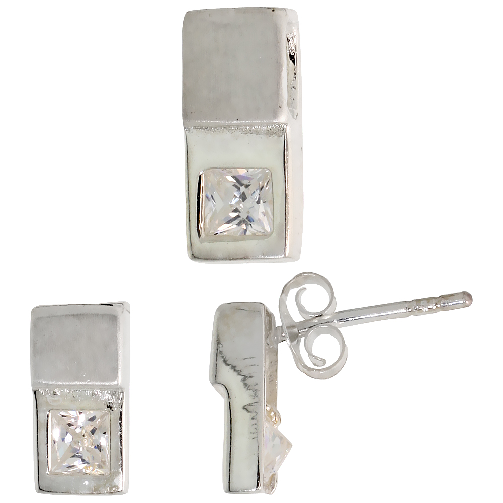 STERLING SILVER PRINCESS CUT WHITE CZ RECESSED RECTANGLE STUD EARRINGS & PENDANT SET BRUSHED FINISH