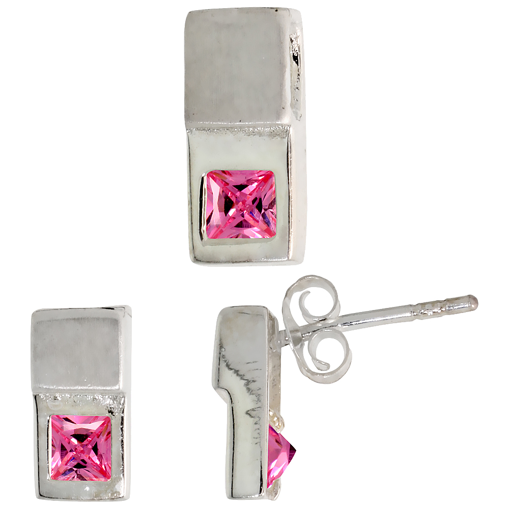 STERLING SILVER PRINCESS CUT PINK CZ RECESSED RECTANGLE STUD EARRINGS & PENDANT SET BRUSHED FINISH