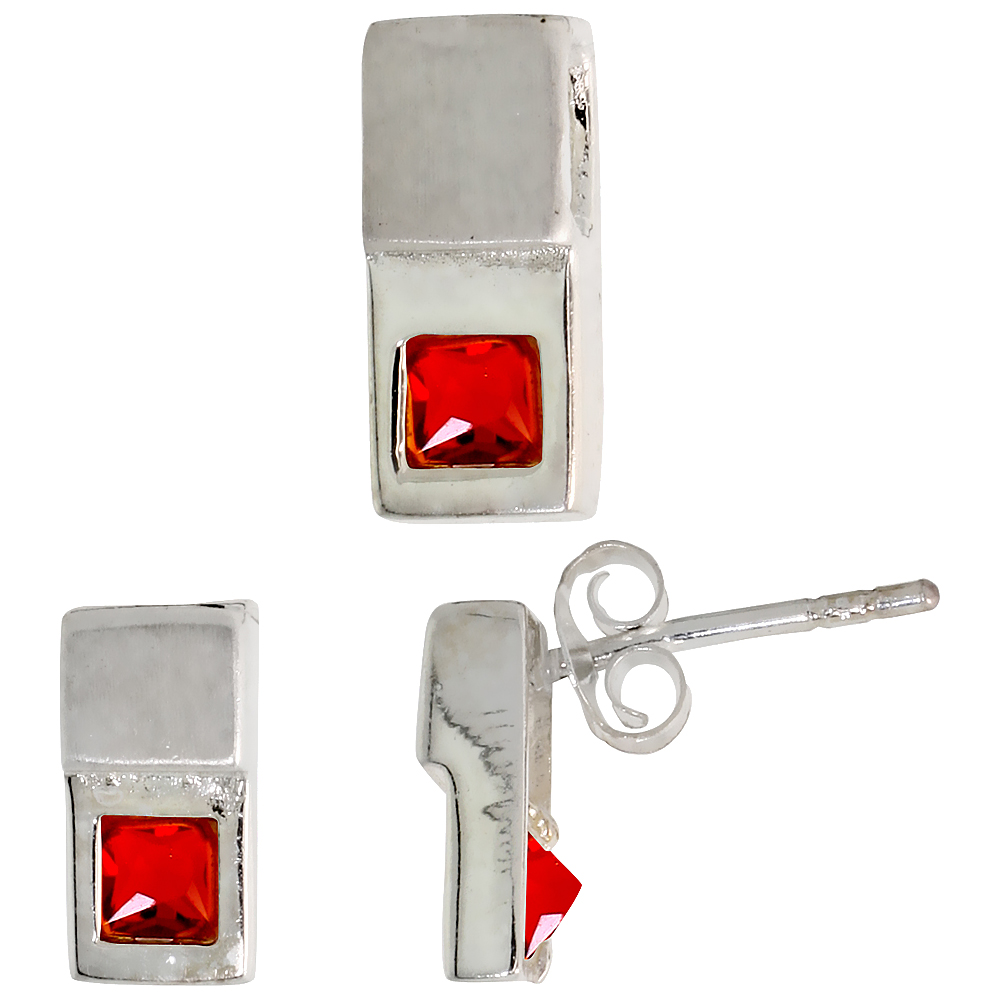 STERLING SILVER PRINCESS CUT RUBY RED CZ RECESSED RECTANGLE STUD EARRINGS & PENDANT SET BRUSHED FINISH