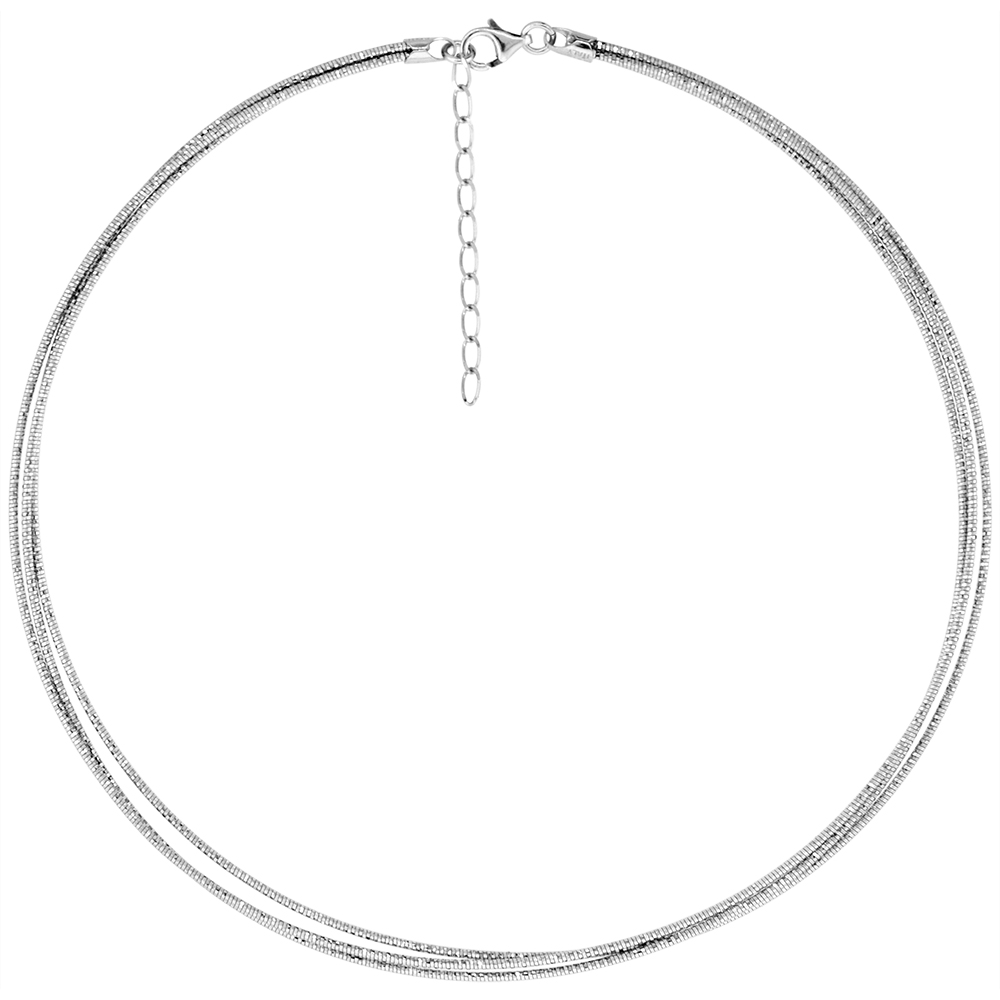Sparkling Rhodium Plated Sterling Silver 3 Layer Round Omega Necklace Bracelet Set for Women 1.5 mm Diamond cut Nickel Free Ital