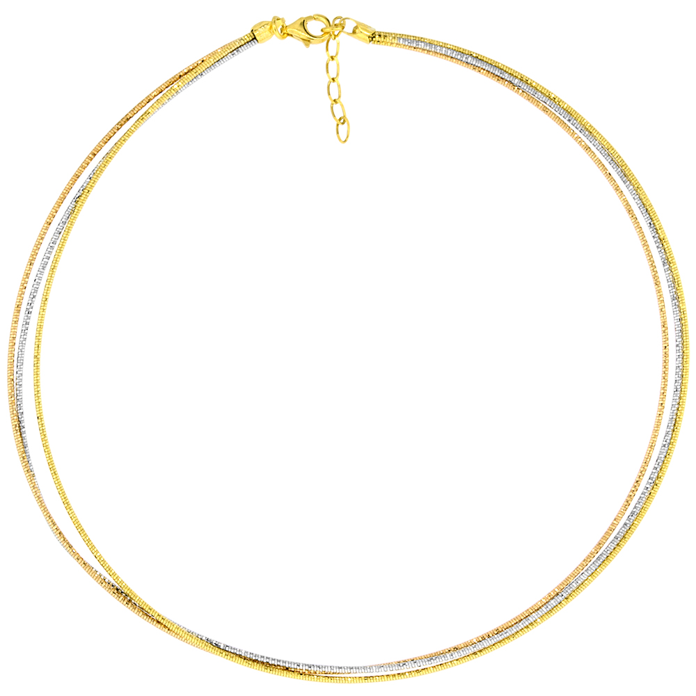 SPARKLING TRICOLOR STERLING SILVER 3 LAYER ROUND OMEGA NECKLACE BRACELET SET FOR WOMEN 1.5 MM DIAMOND CUT NICKEL FREE ITALY