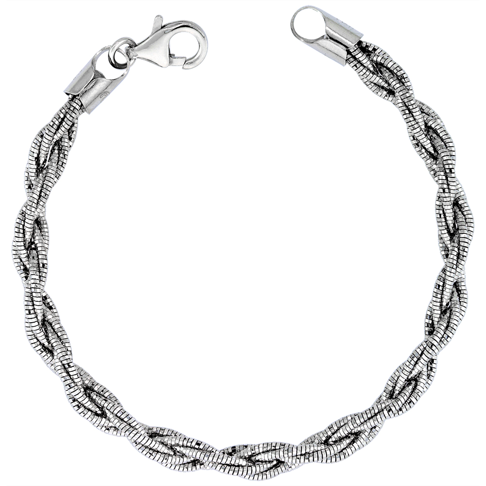 SPARKLING RHODIUM PLATED STERLING SILVER 4 LAYER BRAIDED ROUND OMEGA BRACELET FOR WOMEN 1.5 MM DIAMOND CUT NICKEL FREE ITALY 7.25 INCH