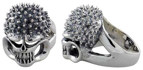 Sterling Silver Gothic Biker Skull Ring w/ Spikes, 1 1/16 inch wide, sizes 9-14
