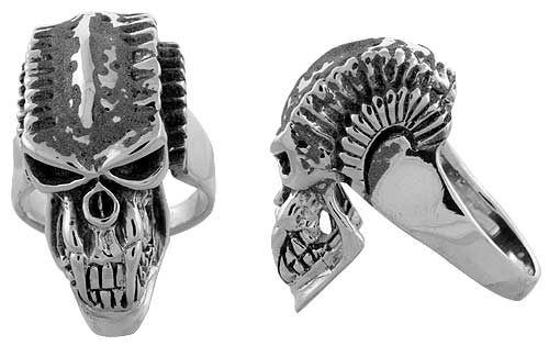 Sterling Silver Gothic Biker Skull Ring w/ Spikes, 1 3/8 inch wide, sizes 9-14