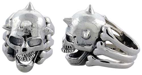 Sterling Silver Gothic Biker Skull Ring w/ Horns, 1 1/4 inch wide, sizes 9-14
