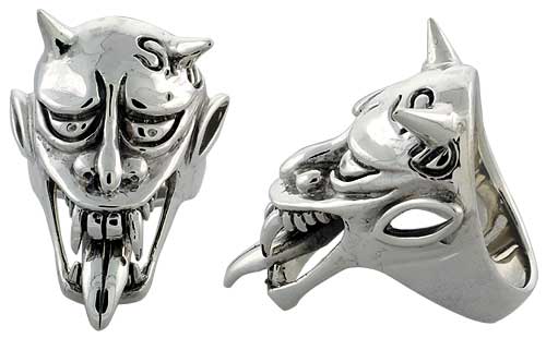 Sterling Silver Demon Head Gothic Biker Ring with tongue, 1 5/8 inch wide, sizes 9-14