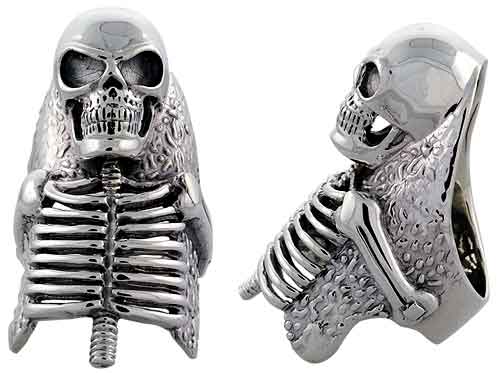 Sterling Silver Skeleton Gothic Biker Ring, 2 inch wide, sizes 9-14