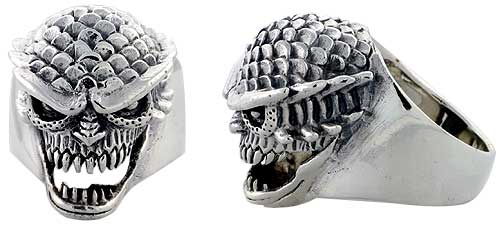 Sterling Silver Scaly Gothic Biker Skull Ring, 1 1/16 inch wide, sizes 9-14