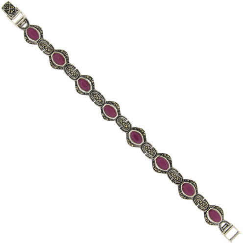 Sterling Silver Oval Link Marcasite Bracelet Purple Resin Inlay, 1/2 inch wide