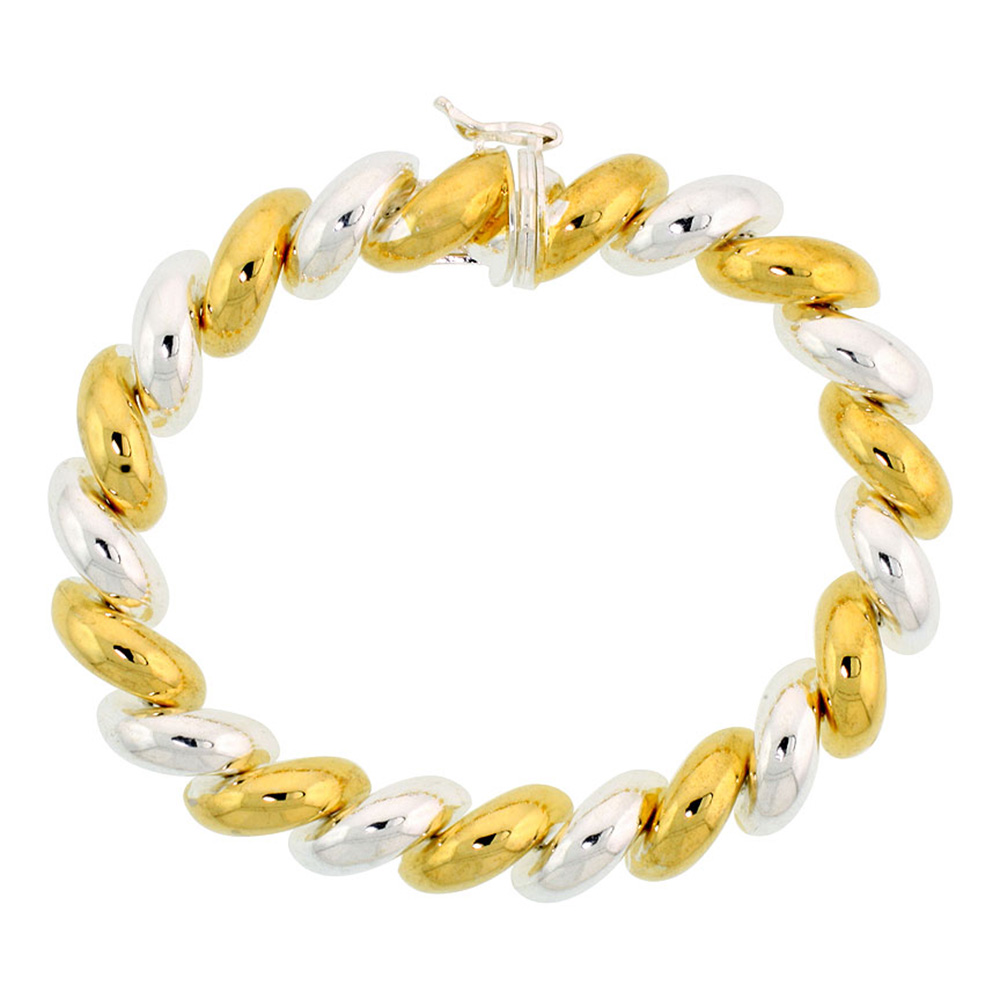 MEDIUM SIZE TWO TONE STERLING SILVER 10MM SAN MARCO BRACELETS AND NECKLACES TWO-TONE GOLD PLATED FOR WOMEN ITALY 7-18 INCH SIZES
