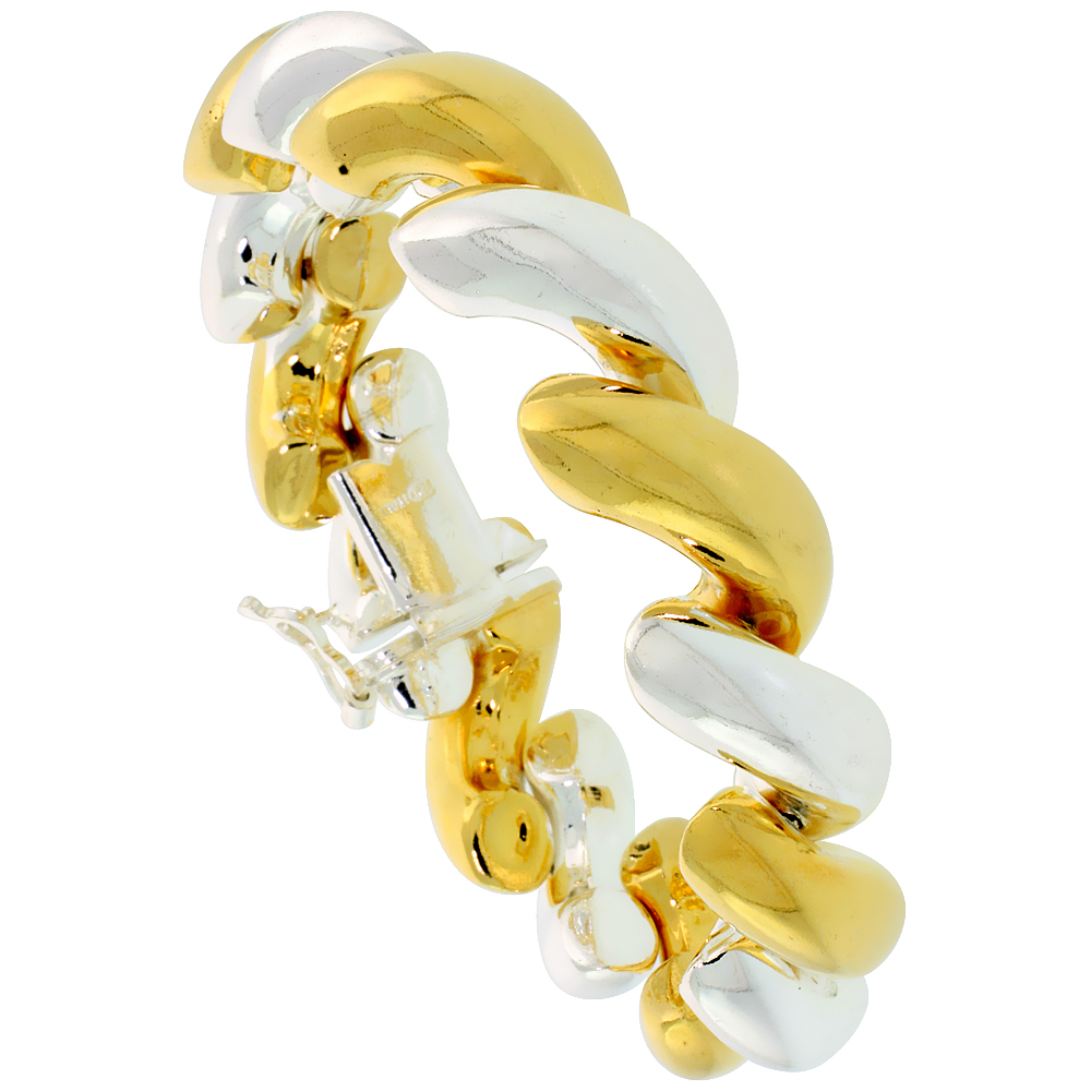 LARGE SIZE TWO TONE STERLING SILVER 14MM SAN MARCO BRACELETS AND NECKLACES TWO-TONE GOLD PLATED FOR WOMEN ITALY 7-18 INCH SIZES