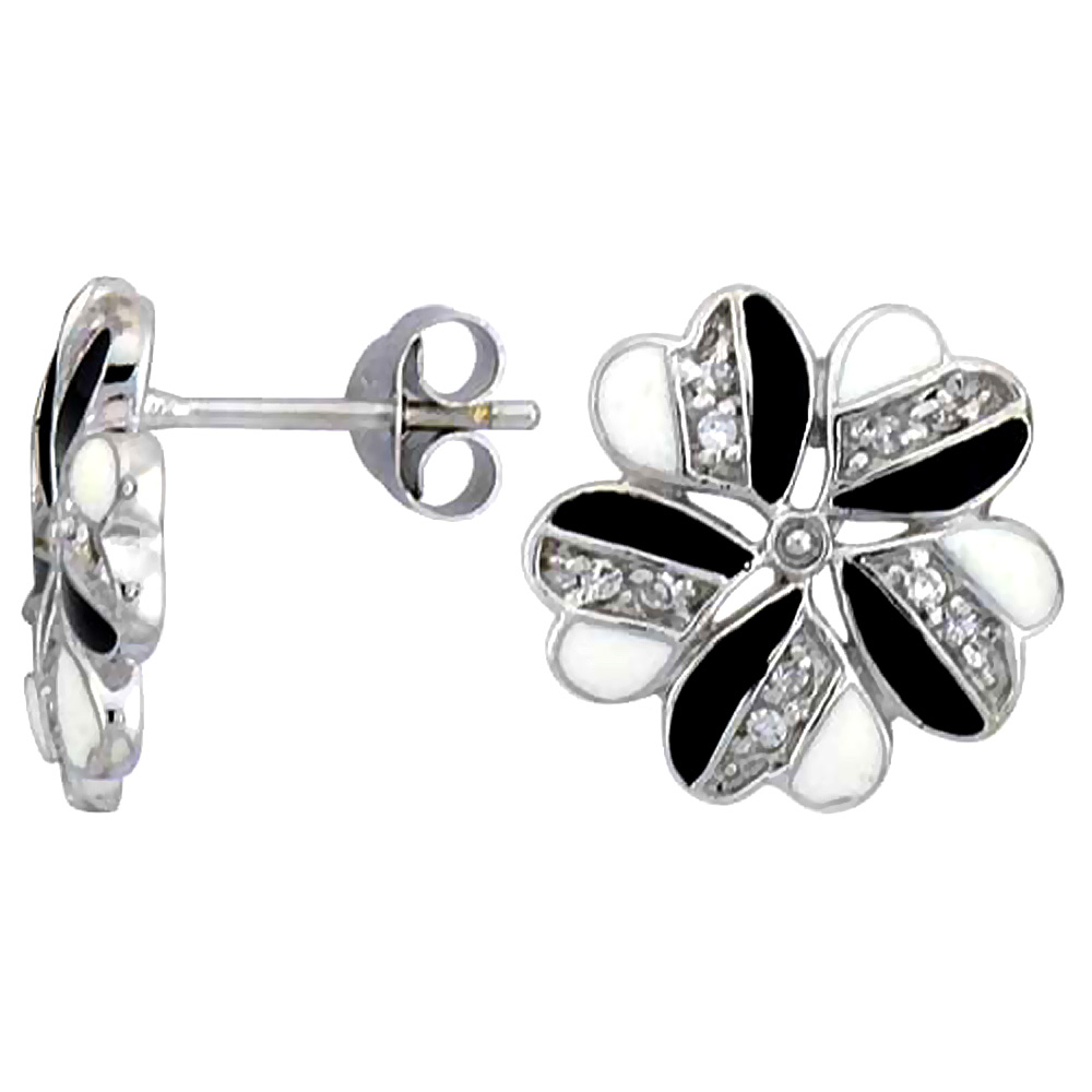 STERLING SILVER 9/16" (14 MM) TALL POST EARRINGS, RHODIUM PLATED W/ CZ STONES, BLACK & WHITE ENAMEL DESIGNS