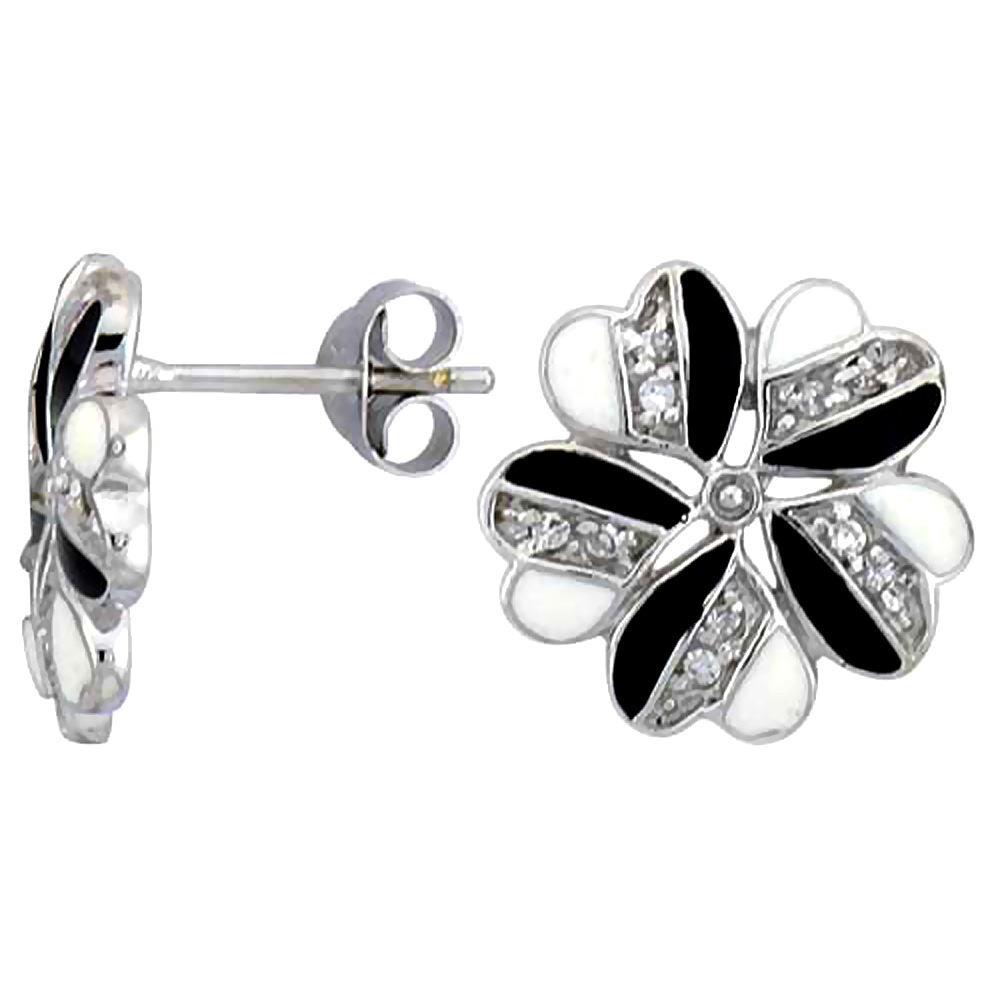 Sterling Silver 9/16" (14 mm) tall Post Earrings, Rhodium Plated w/ CZ Stones, Black & White Enamel Designs