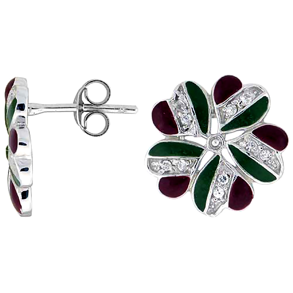 STERLING SILVER 9/16" (14 MM) TALL POST EARRINGS, RHODIUM PLATED W/ CZ STONES, GREEN & RED ENAMEL DESIGNS