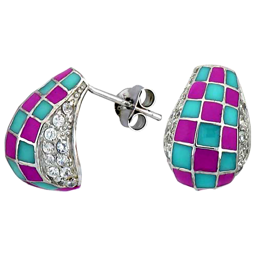 STERLING SILVER 5/8" (16 MM) TALL POST EARRINGS, RHODIUM PLATED W/ CZ STONES, PINK & BLUE CHECKERED ENAMEL DESIGNS