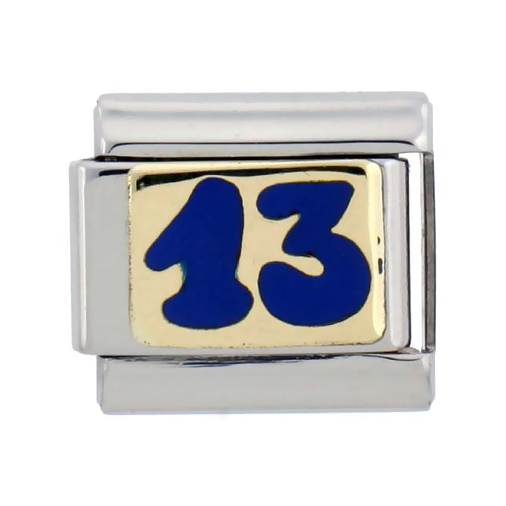 Stainless Steel 18k Gold Lucky Number 13 Charm for Italian Charm Bracelets Blue enamel