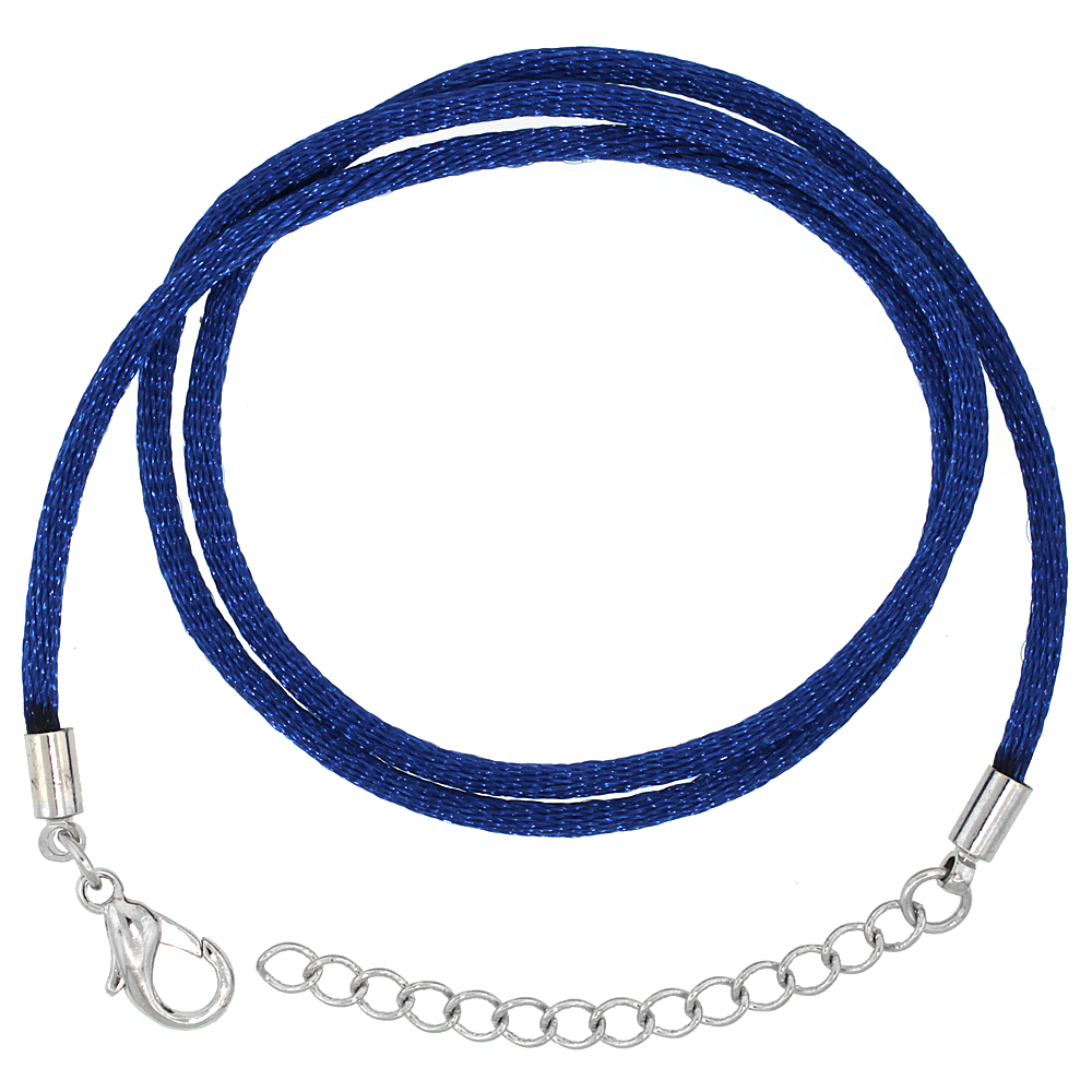 Jewelry Blue Silk Cord Chain Necklace Stainless Steel Lobster Clasp, sizes 16 &amp; 18 + 1 inch extension