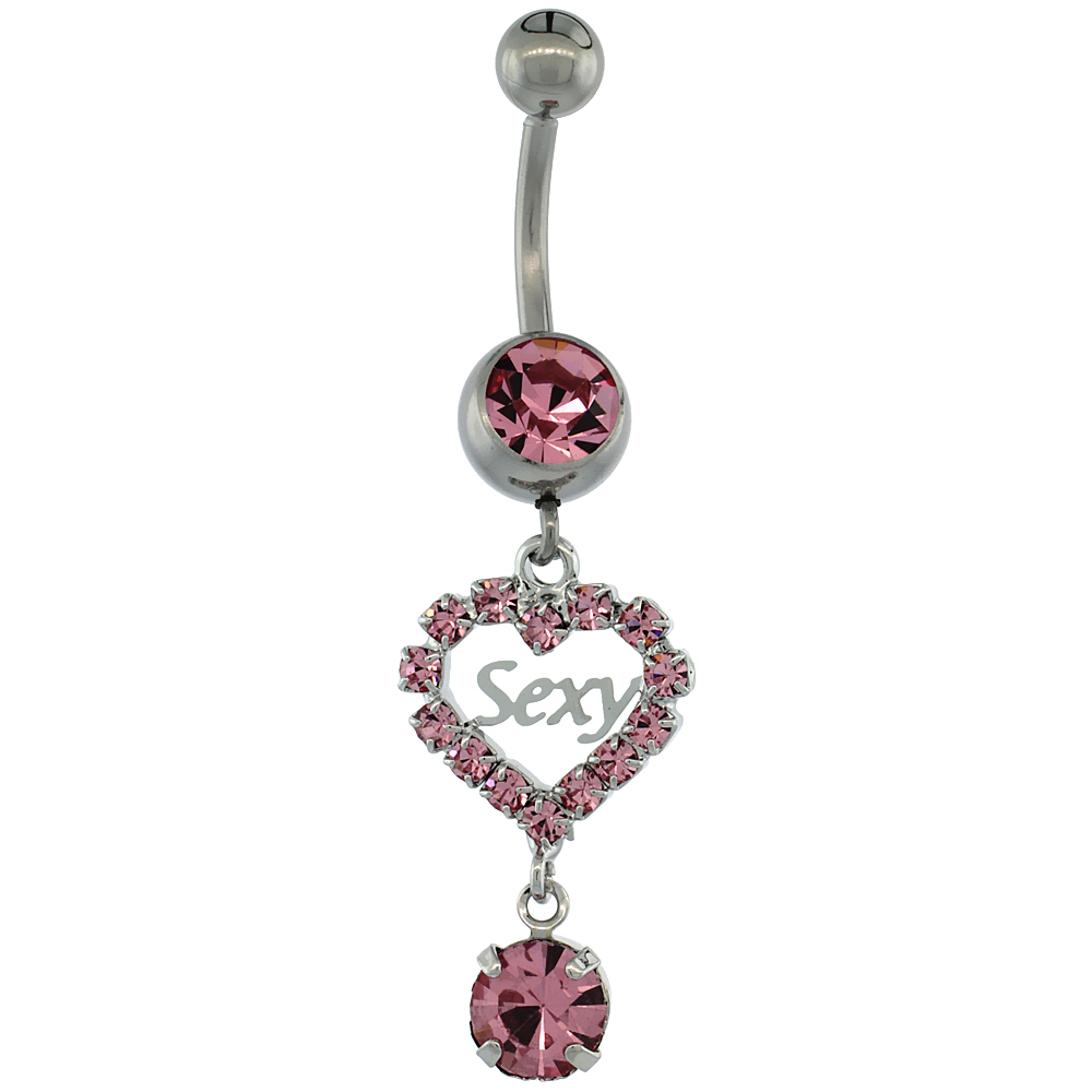 Surgical Steel Barbell Dangle SExY Heart Belly Button Ring w/ Pink Crystals, 1 5/8 inch