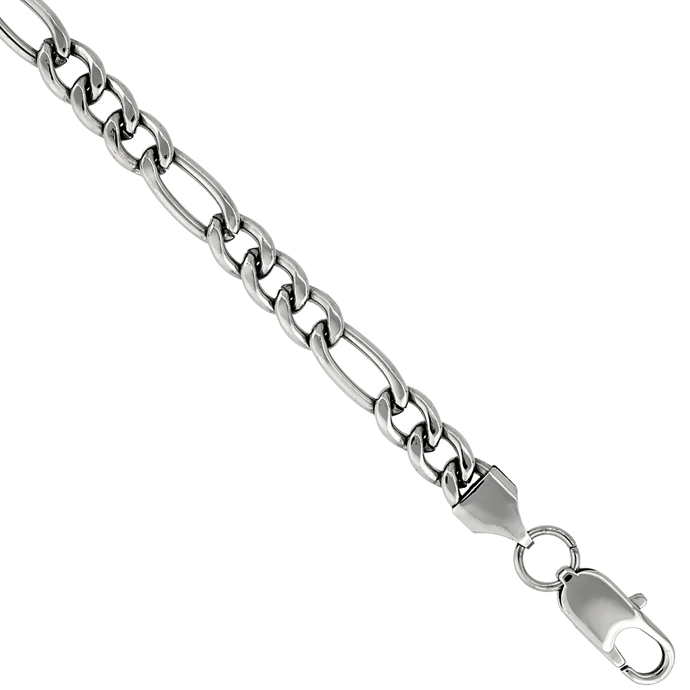 Stainless Steel Figaro Chain Necklace 7 mm wide, sizes 20, 22, 24 & 30 inch 