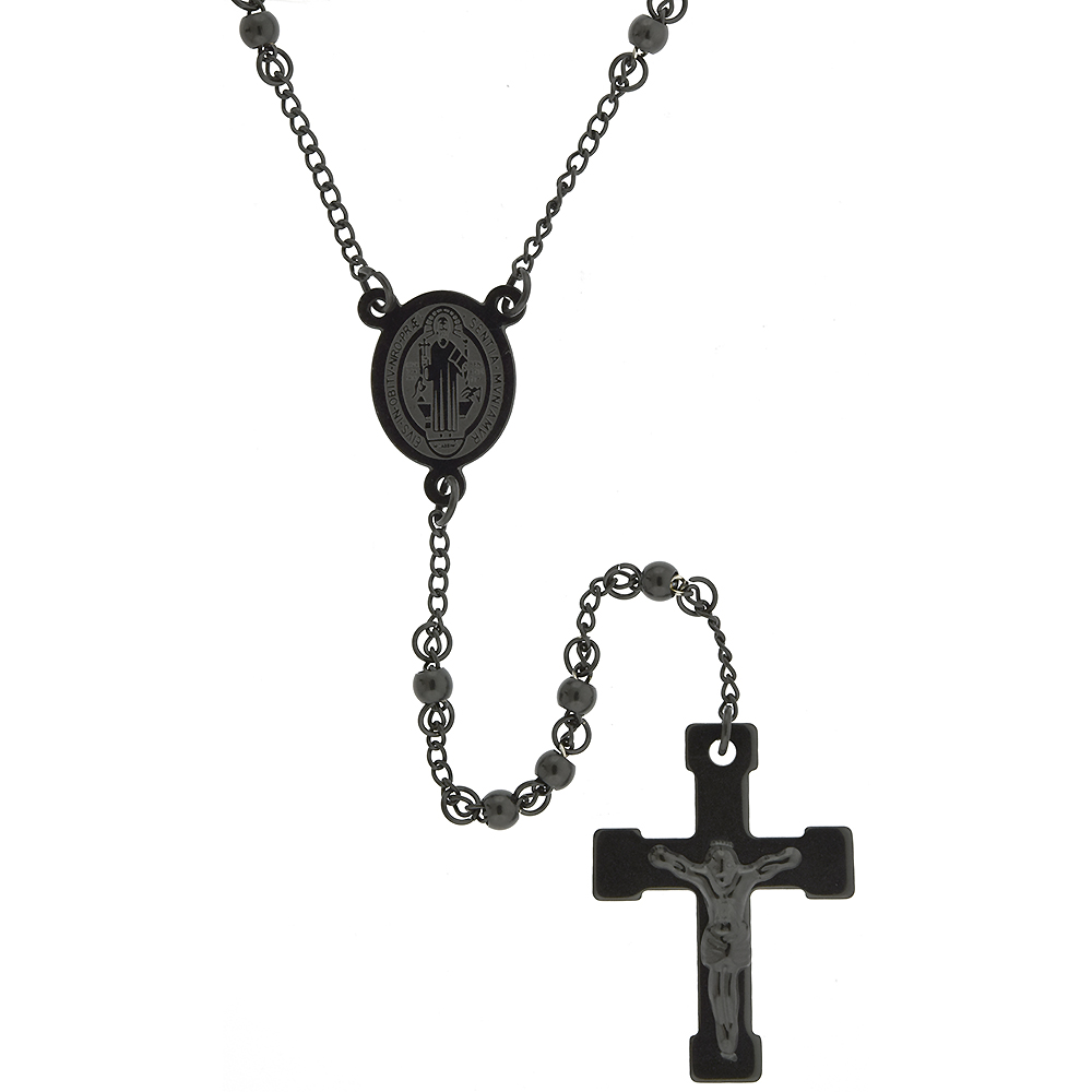 Stainless Steel 30 inch Rosary Necklace w/ 4mm Beads, Black Finish