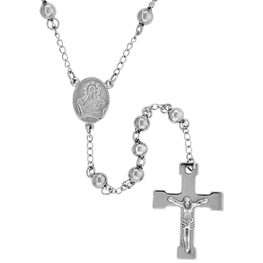 Stainless Steel 30 inch Rosary Necklace w/ 6mm Beads