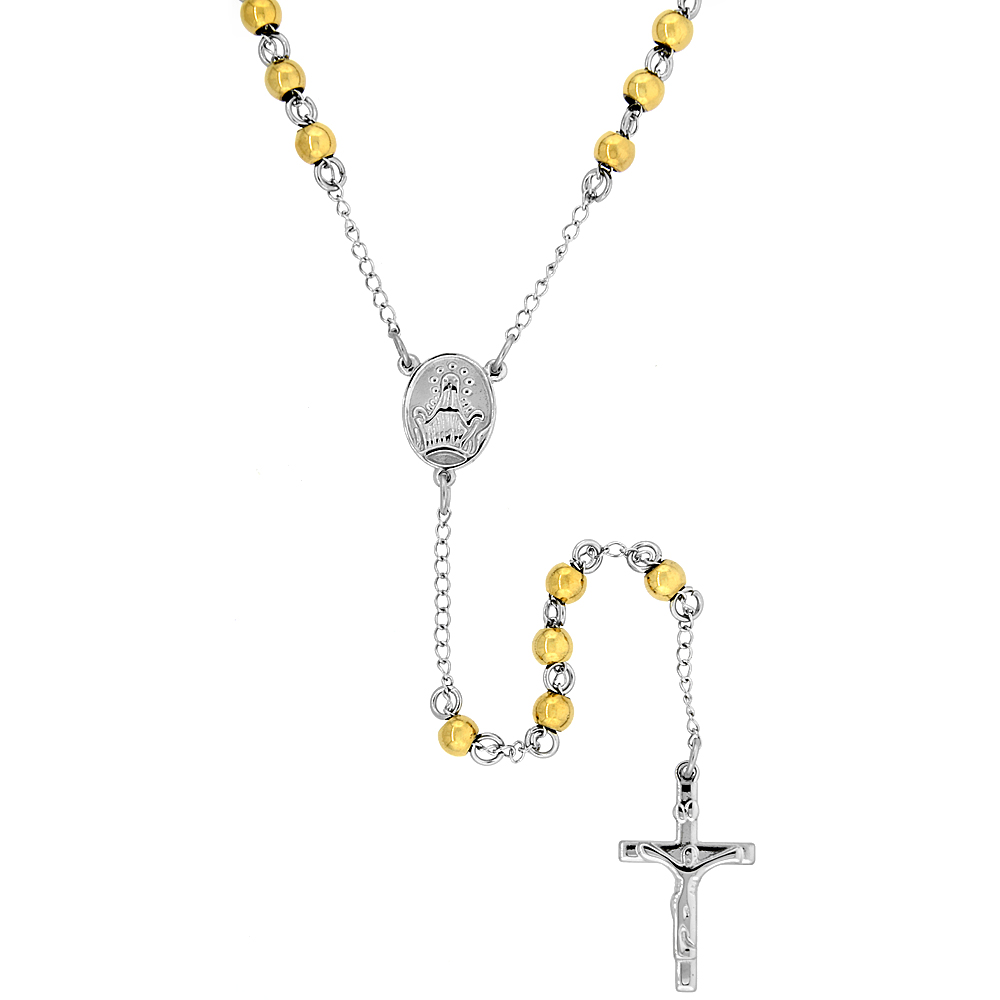 Stainless Steel 26 inch Rosary Necklace w/ 6mm Beads, Yellow Finish