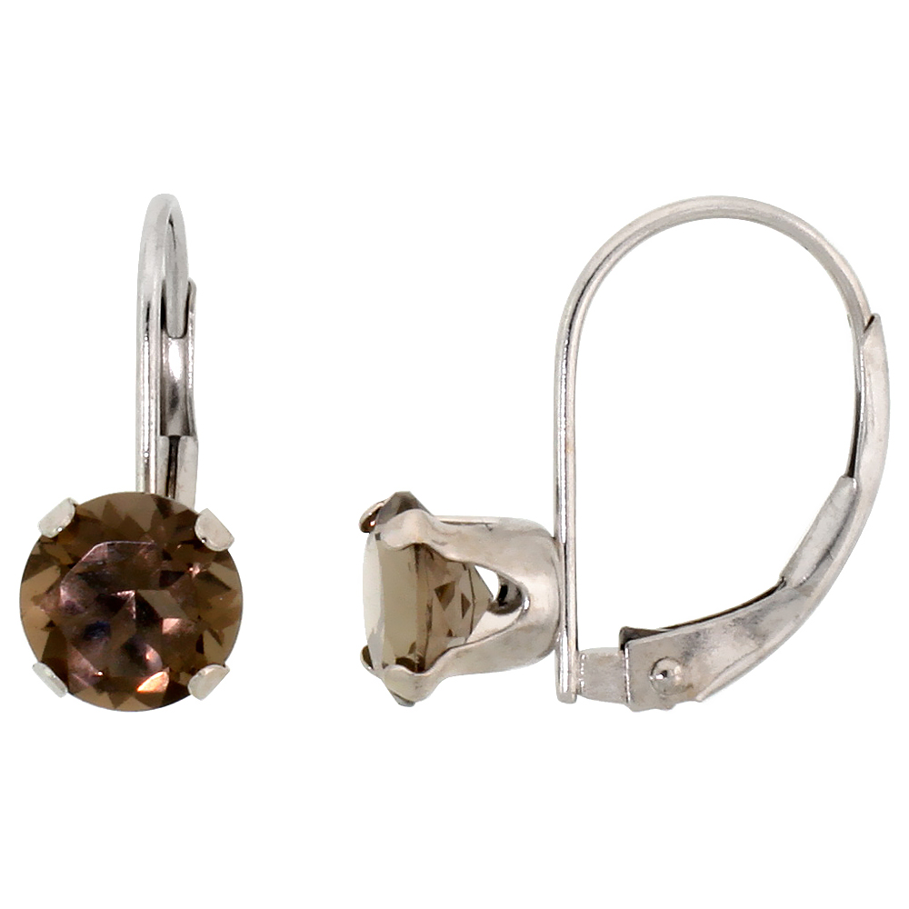 10K WHITE GOLD NATURAL SMOKY TOPAZ LEVERBACK EARRINGS 6MM BRILLIANT CUT, 9/16 INCH LONG