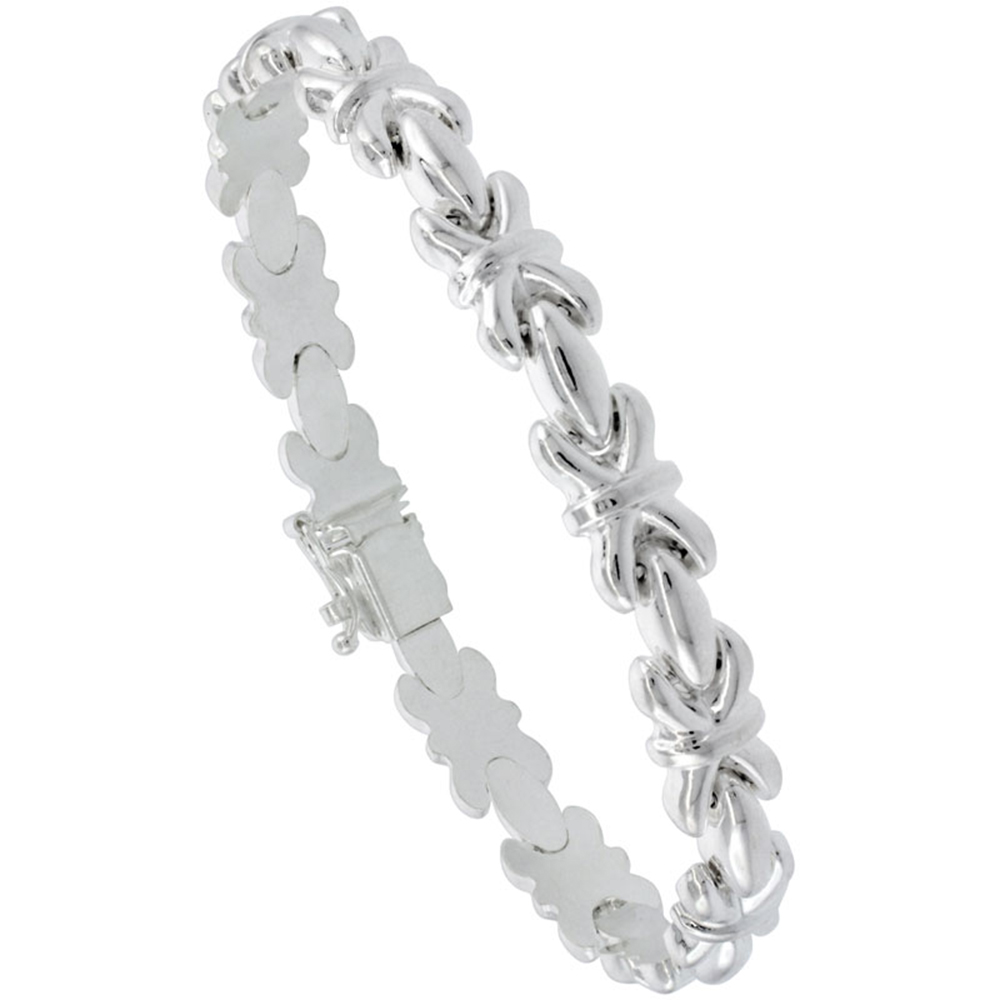 STERLING SILVER STAMPATO XOXO LINK HUGS & KISSES NECKLACE OR BRACELET , 9/32 IN. (7.5MM) WIDE