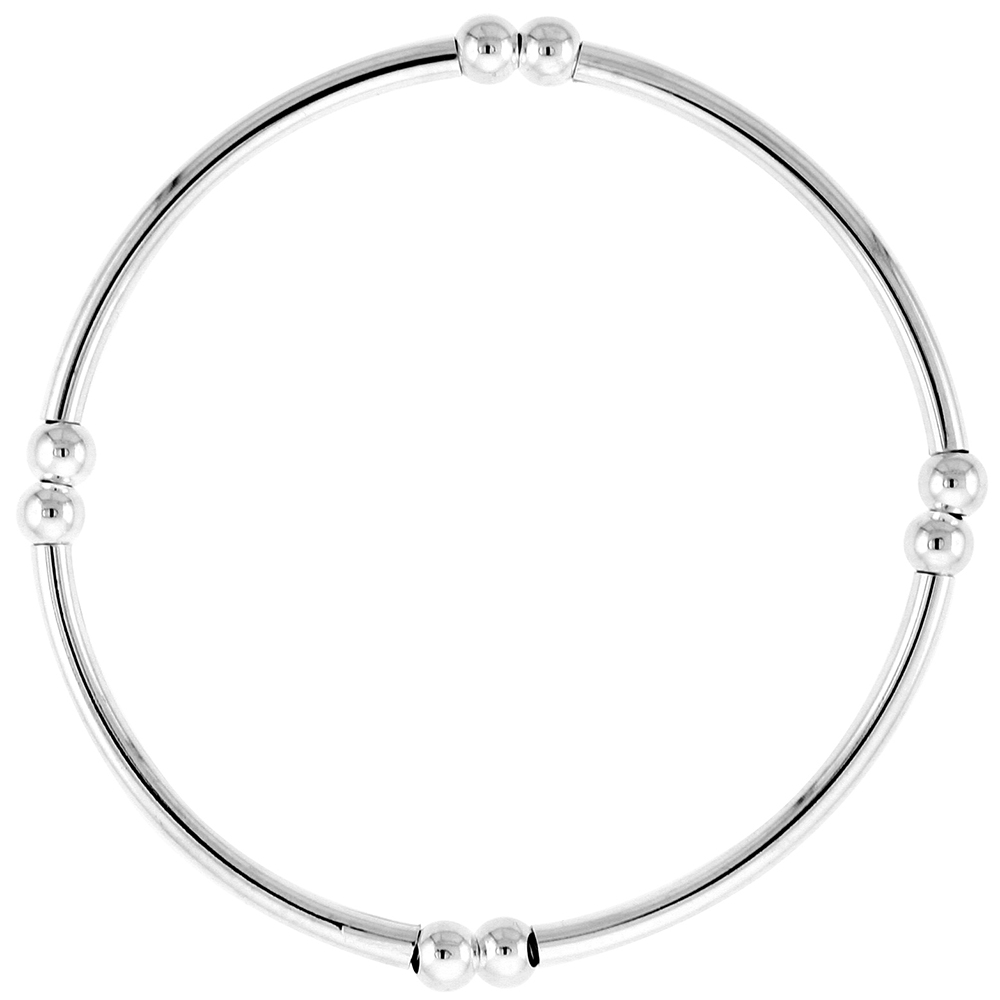 STERLING SILVER STRETCH BANGLE BRACELETS FOR WOMEN STACKABLE 4 SECTION WITH DOUBLE BEADS ITALY