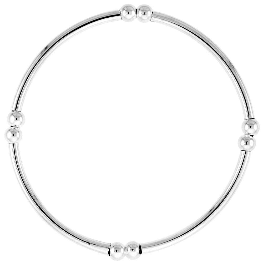 Sterling Silver Stretch Bangle Bracelets for Women Stackable 4 Section with Double Beads