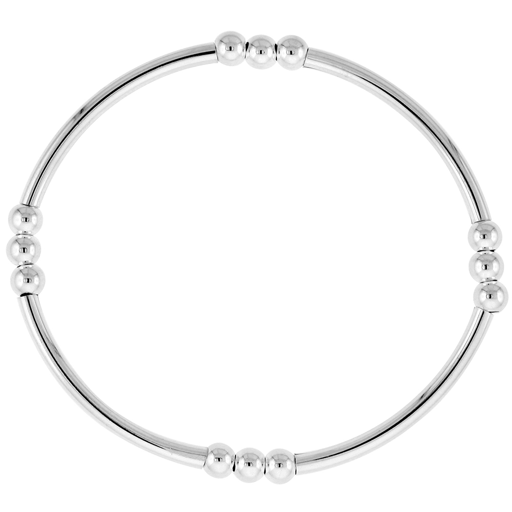 Sterling Silver Stretch Bangle Bracelets for Women Stackable 4 Section with Triple Beads