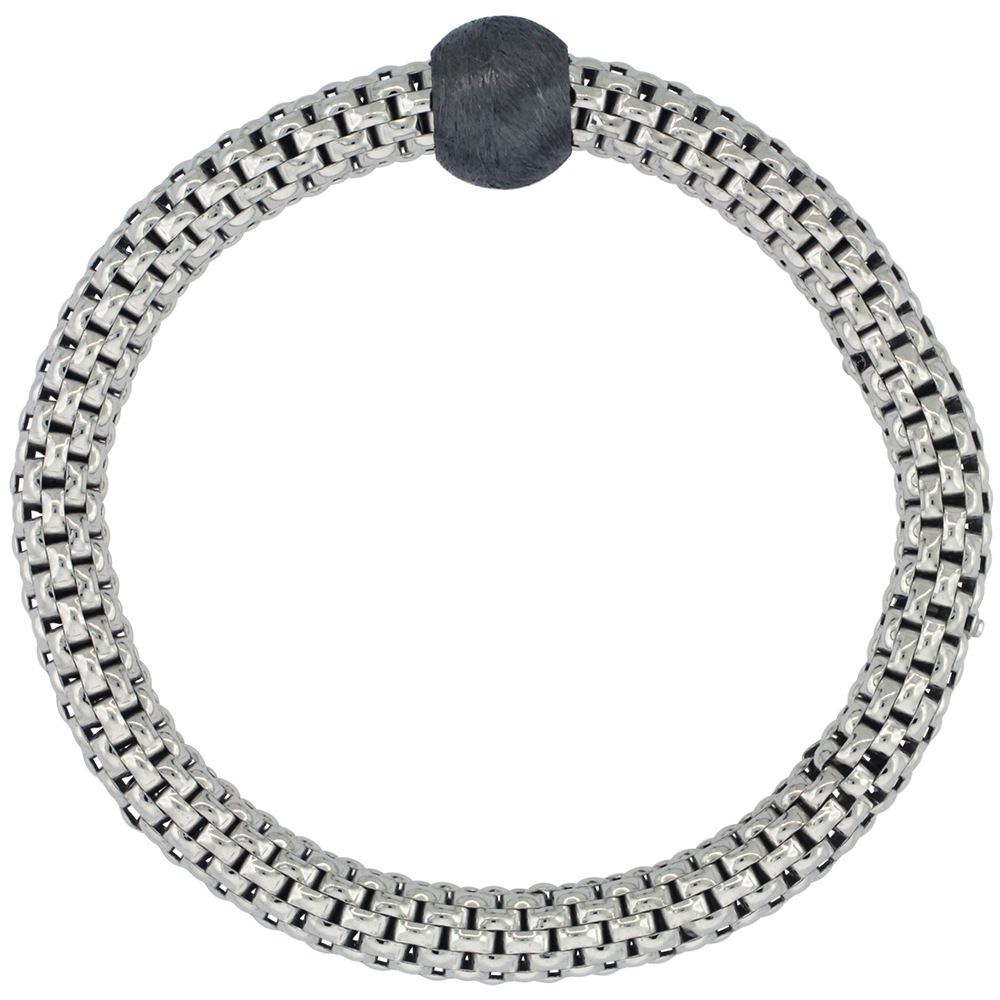Sterling Silver Textured Flexible Bracelet Single Bead Rhodium Finish, 7-8 inches long