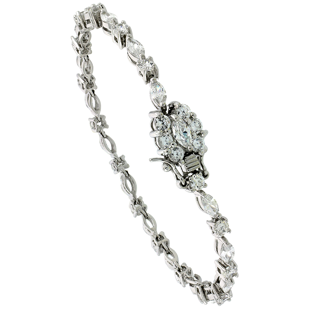 Sterling Silver Tennis Bracelet Cubic Zirconia Stones Alternating Round &amp; Marquise Cut, Rhodium Finish, with Hidden safety clasp, 7 inches