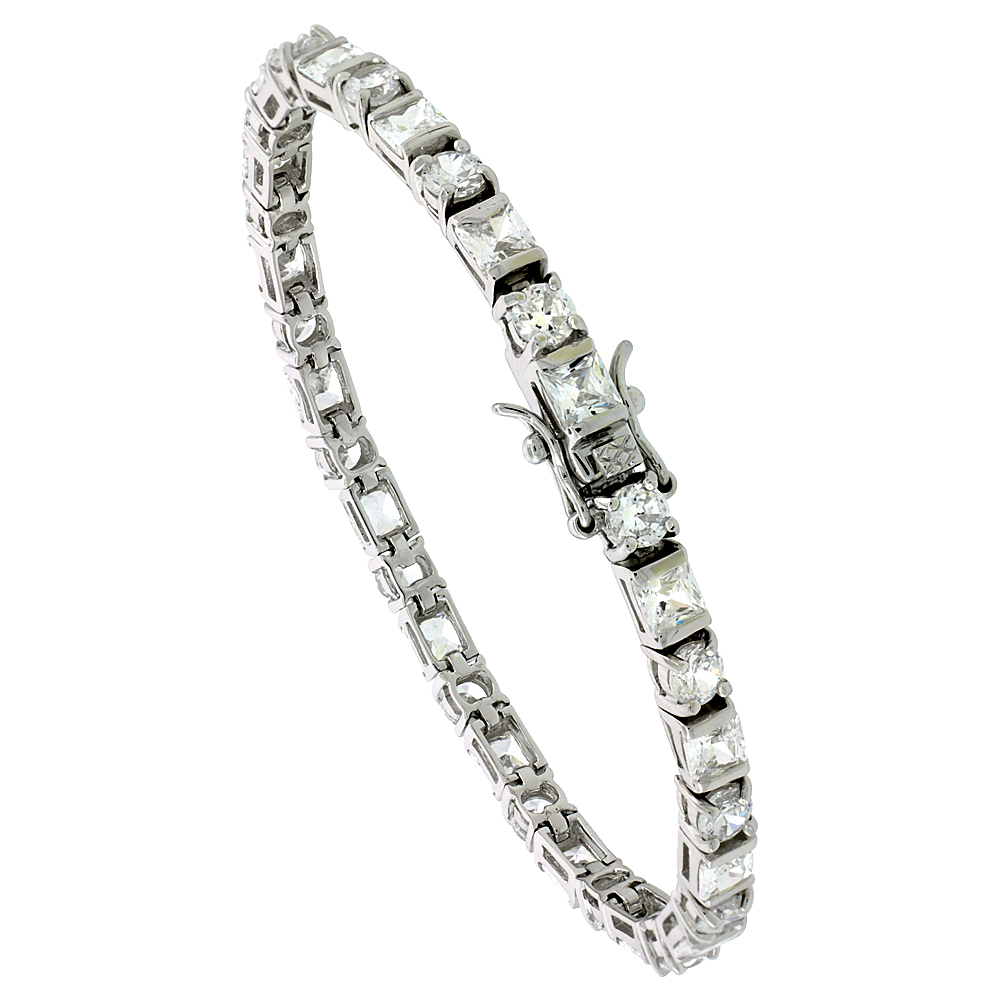 Sterling Silver Tennis Bracelet Cubic Zirconia Stones Rectangular & Round Shape Alternating, Rhodium Finish, with Hidden safety clasp, 7 inches