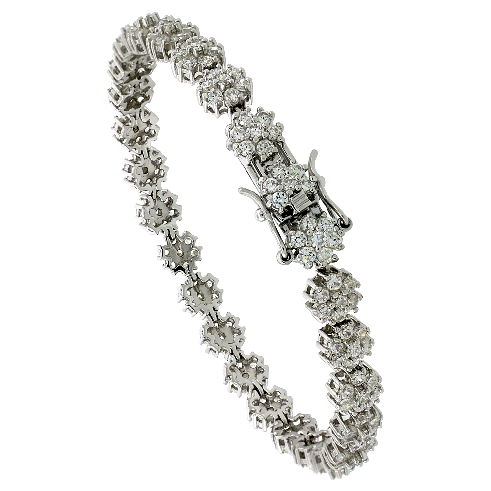 Sterling Silver Tennis Bracelet Cubic Zirconia Stones Flower Design, Rhodium Finish, with Hidden safety clasp, 7 inches