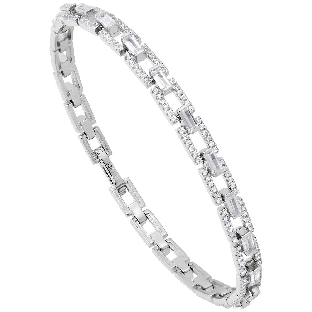 Sterling Silver Cubic Zirconia Baguette Ladder Tennis Bracelet Rhodium Finish, 7.75 inch long