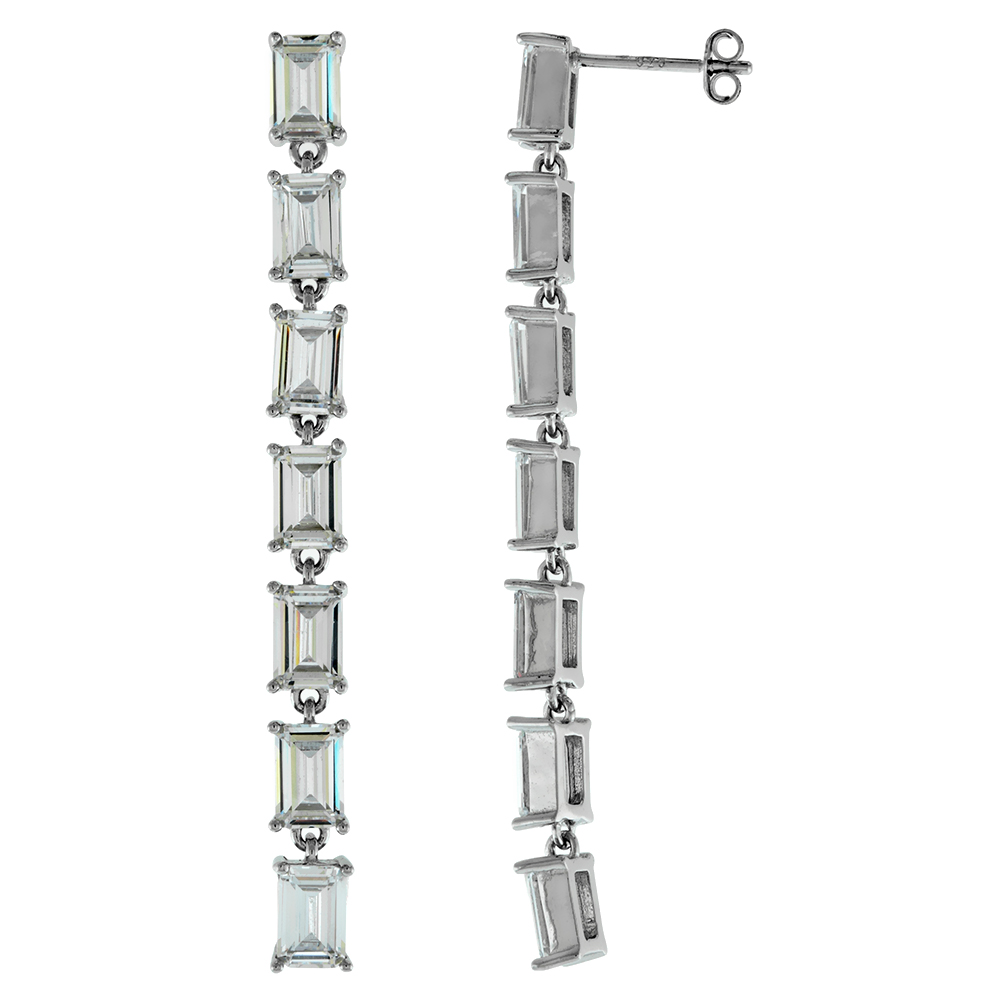 2.25 inch Long Sterling Silver Octagon CZ Dangle Drop Earrings for Women Post Stud Rhodium finish